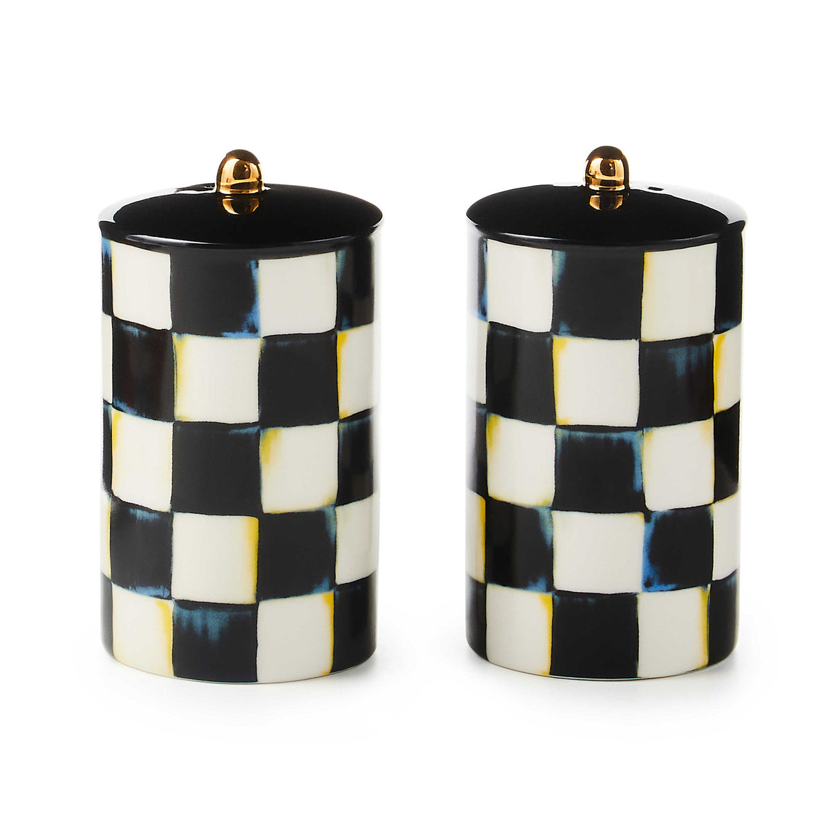Ceramic salt and pepper shaker set with Courtly Check pattern transfer and gold lustre ball tops.