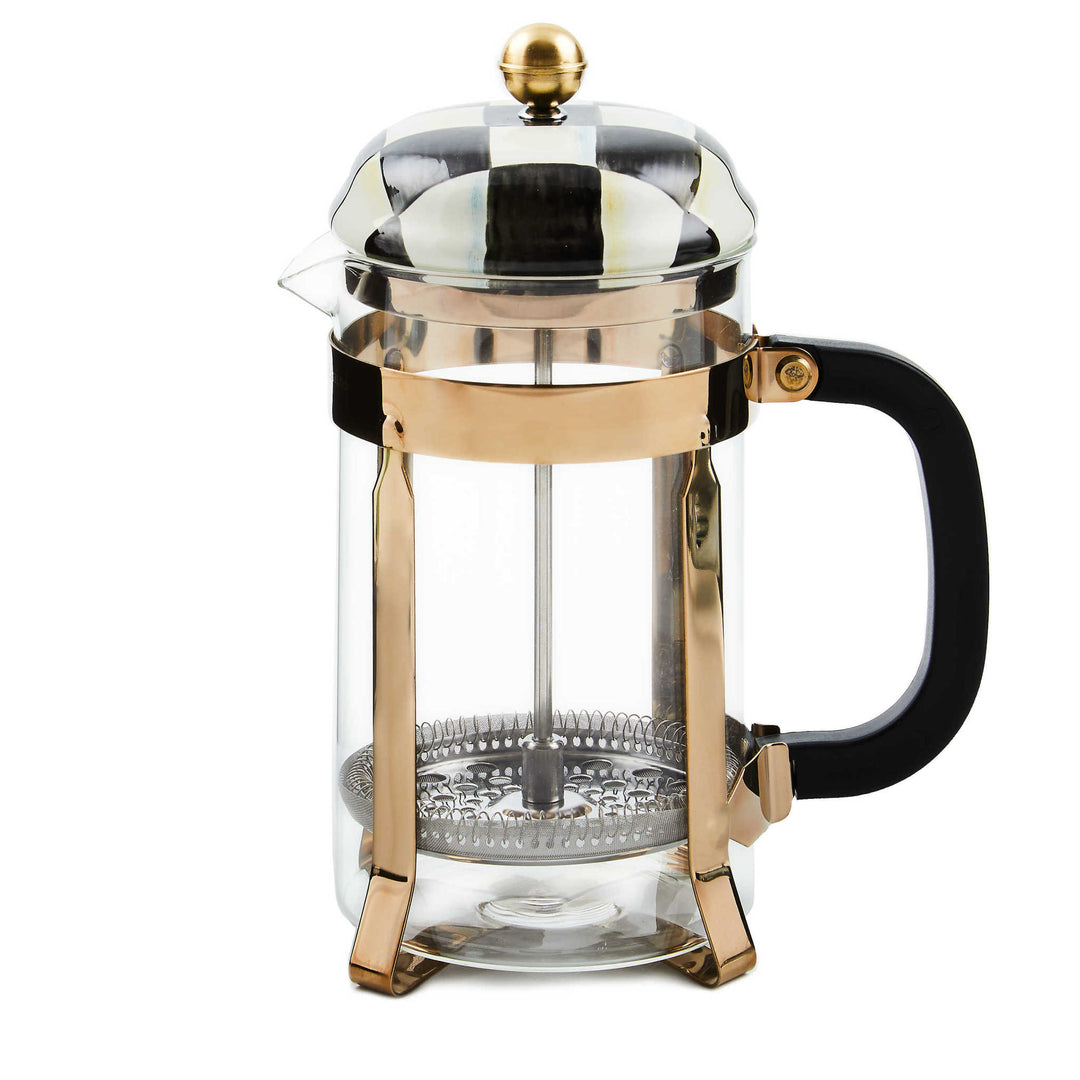 Hand-glazed steel French press with Courtly Check floral pattern on glass cylinder