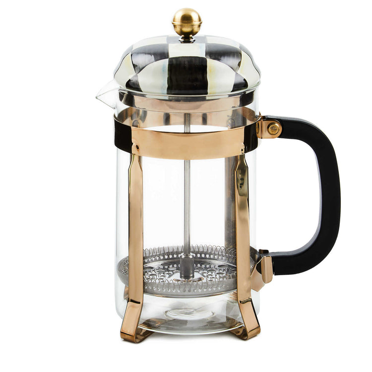 Hand-glazed steel French press with Courtly Check floral pattern on glass cylinder