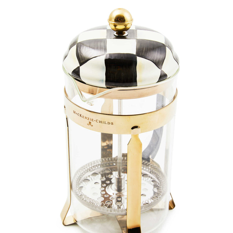 Hand-glazed steel French press with Courtly Check hand-painted pattern on heavy-gauge body and glass cylinder.
