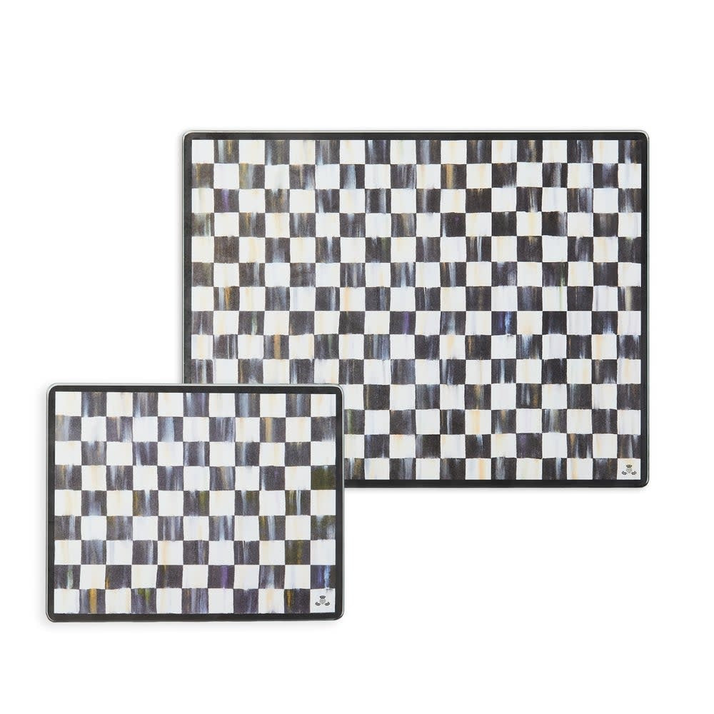 Set of two Courtly Check tempered glass cutting boards in blue checkered pattern.