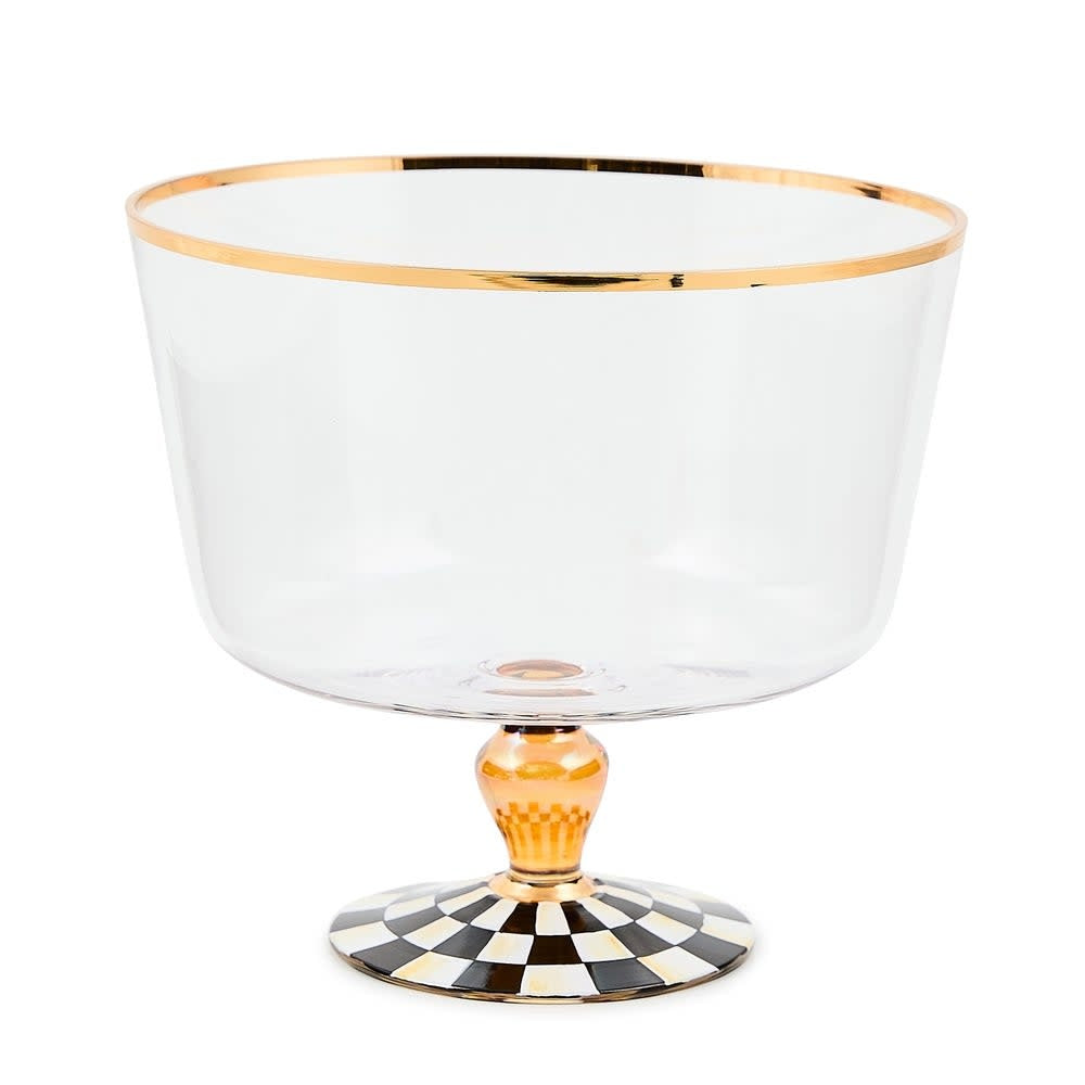 Hand-painted glass trifle dish with gold lustre rim in a courtly check pattern.