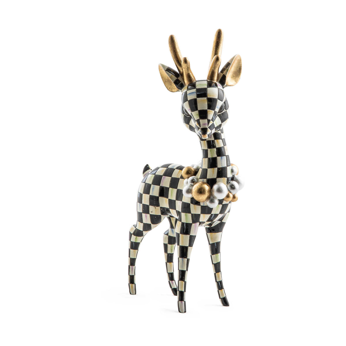 Gold resin Courtly Check deary deer figurine with festive checkered pattern