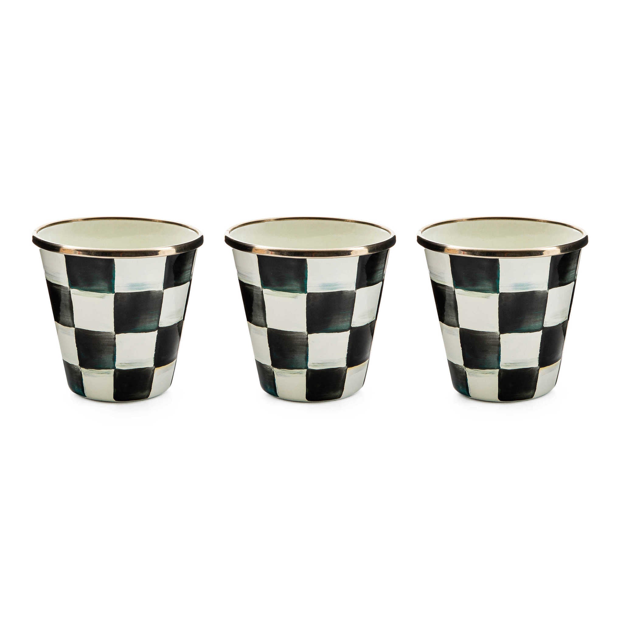 Hand-painted Courtly Check enamel herb pot with bronzed stainless steel rim