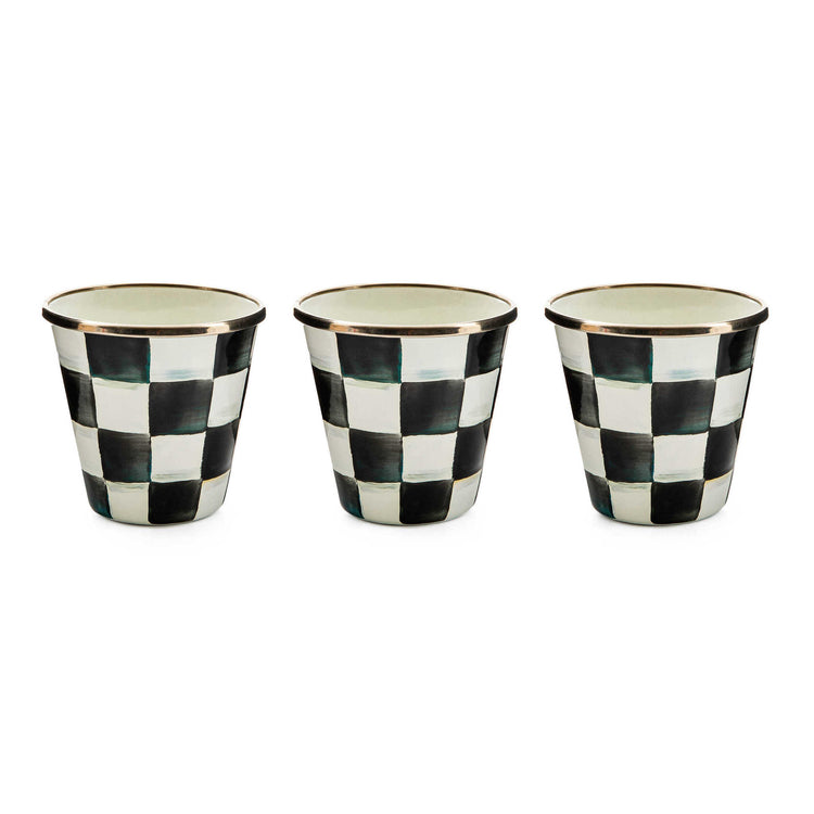 Hand-painted Courtly Check enamel herb pot with bronzed stainless steel rim