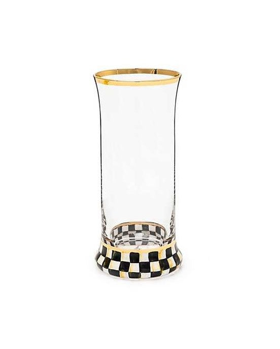 Hand-painted Courtly Check tumbler glass with gold lustre trim on a white base.