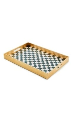 Rectangular Courtly Check lacquer tray with gold leaf accents on a dark background.