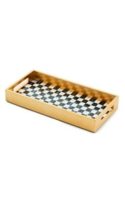 Rectangular Courtly Check lacquer vanity tray with a black and white checkered pattern.