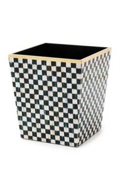 Square lacquer waste bin with a courtly check pattern in black and white.
