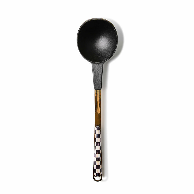 Courtly Check ladle with bronzed stainless steel handle featuring signature check pattern and silicone-coated head.