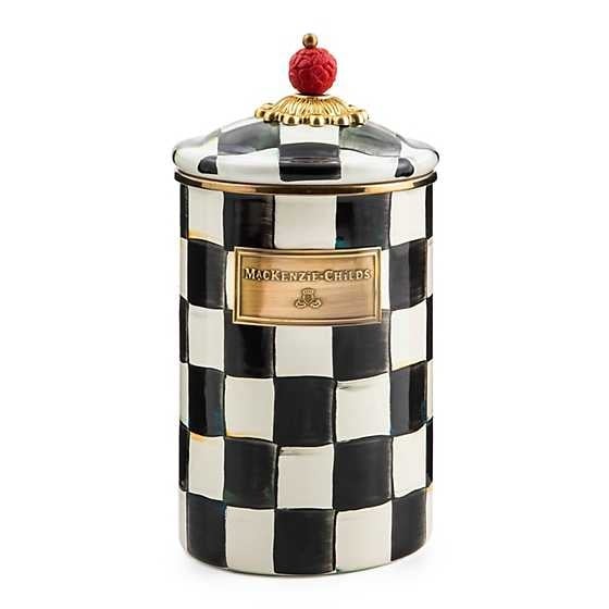 Large Courtly Check enamel canister with hand-painted blue pattern on steel body and bronzed stainless rim.