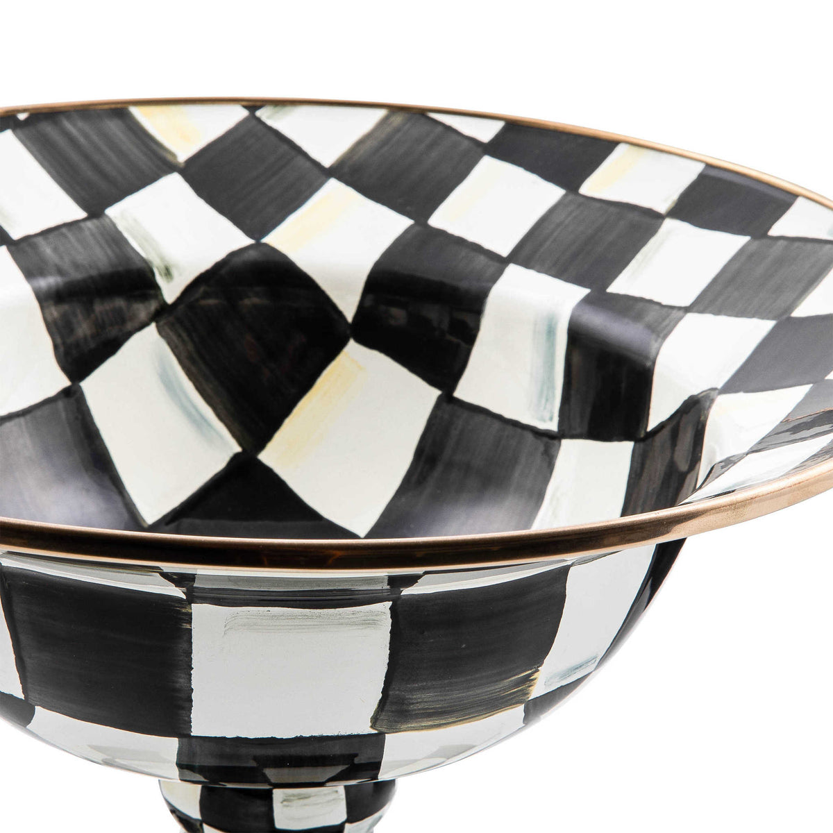 Large Courtly Check compote with hand-painted checks on heavy-gauge steel and bronzed stainless-steel rim.