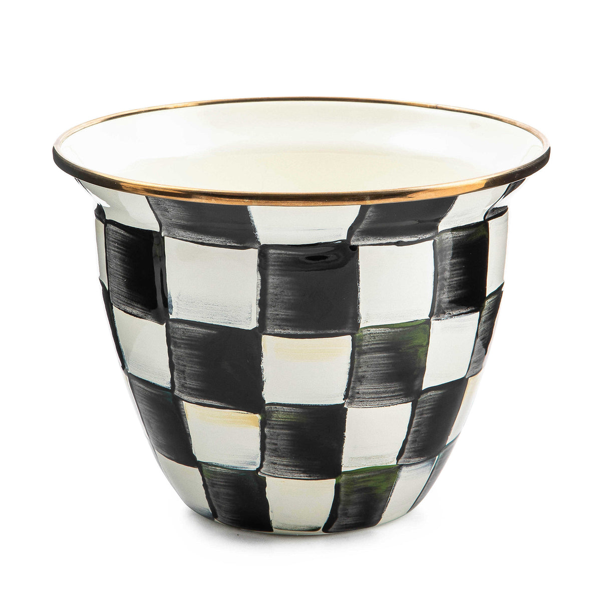 Large flared enamel flower pot with Courtly Check pattern on hand-painted steel and bronzed stainless rim.