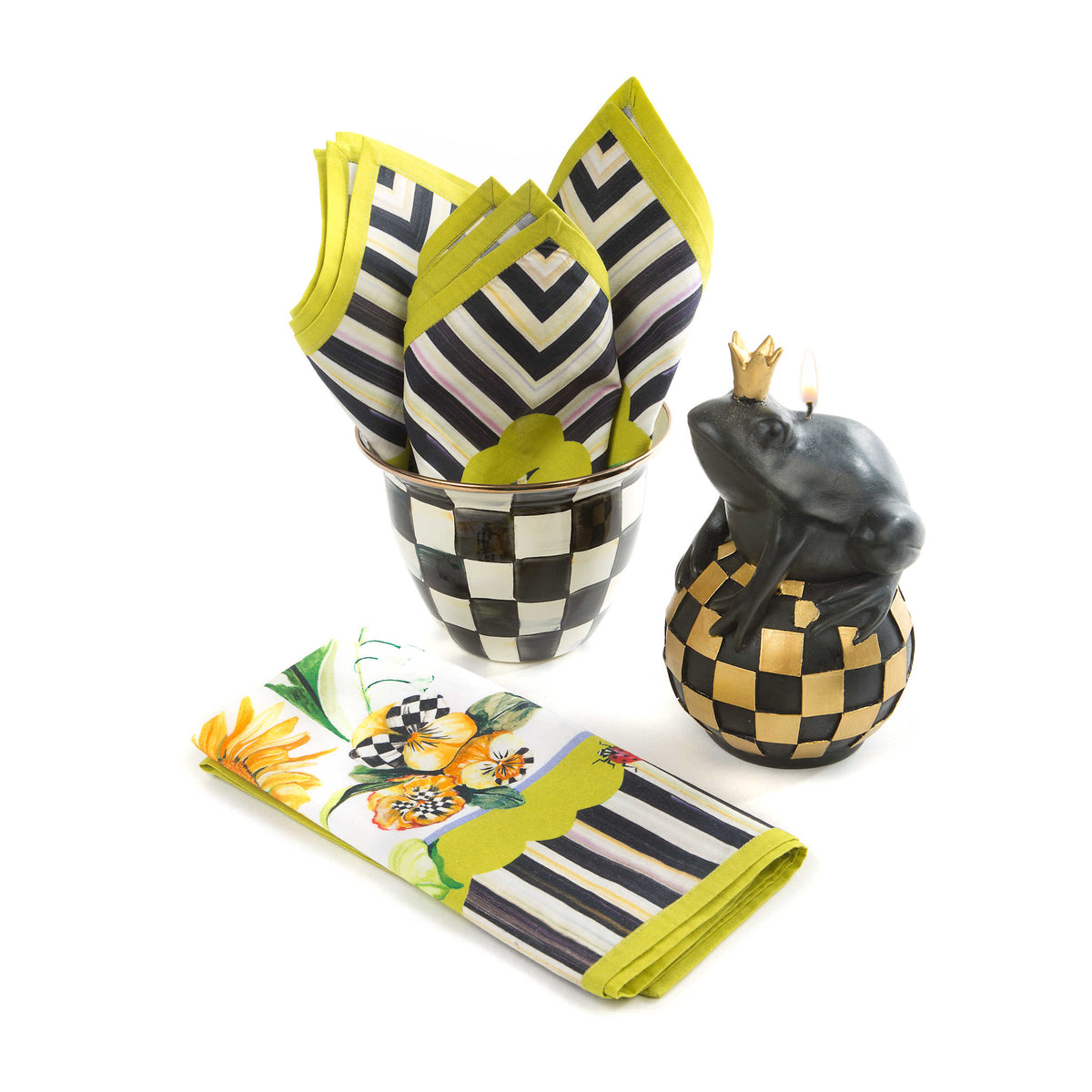 Large flared enamel flower pot with Courtly Check hand-painted pattern on steel body and bronzed stainless rim.