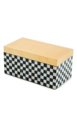 Large rectangular lacquer decorative box with gold hinged lid featuring a courtly check pattern.