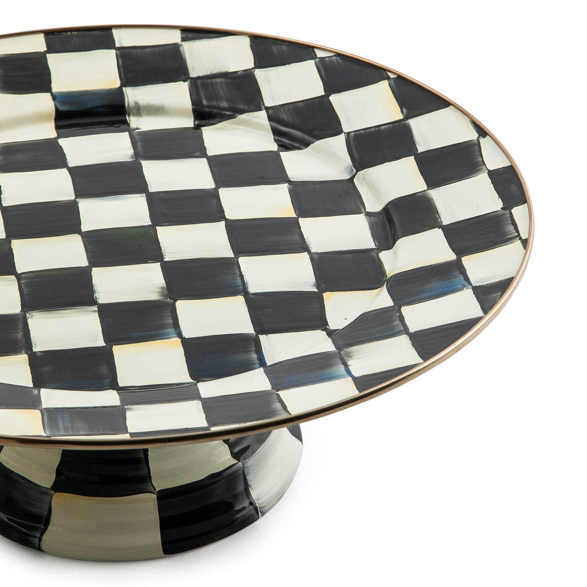 Large Courtly Check pedestal platter with hand-painted blue pattern on enameled steel and bronzed stainless rim.