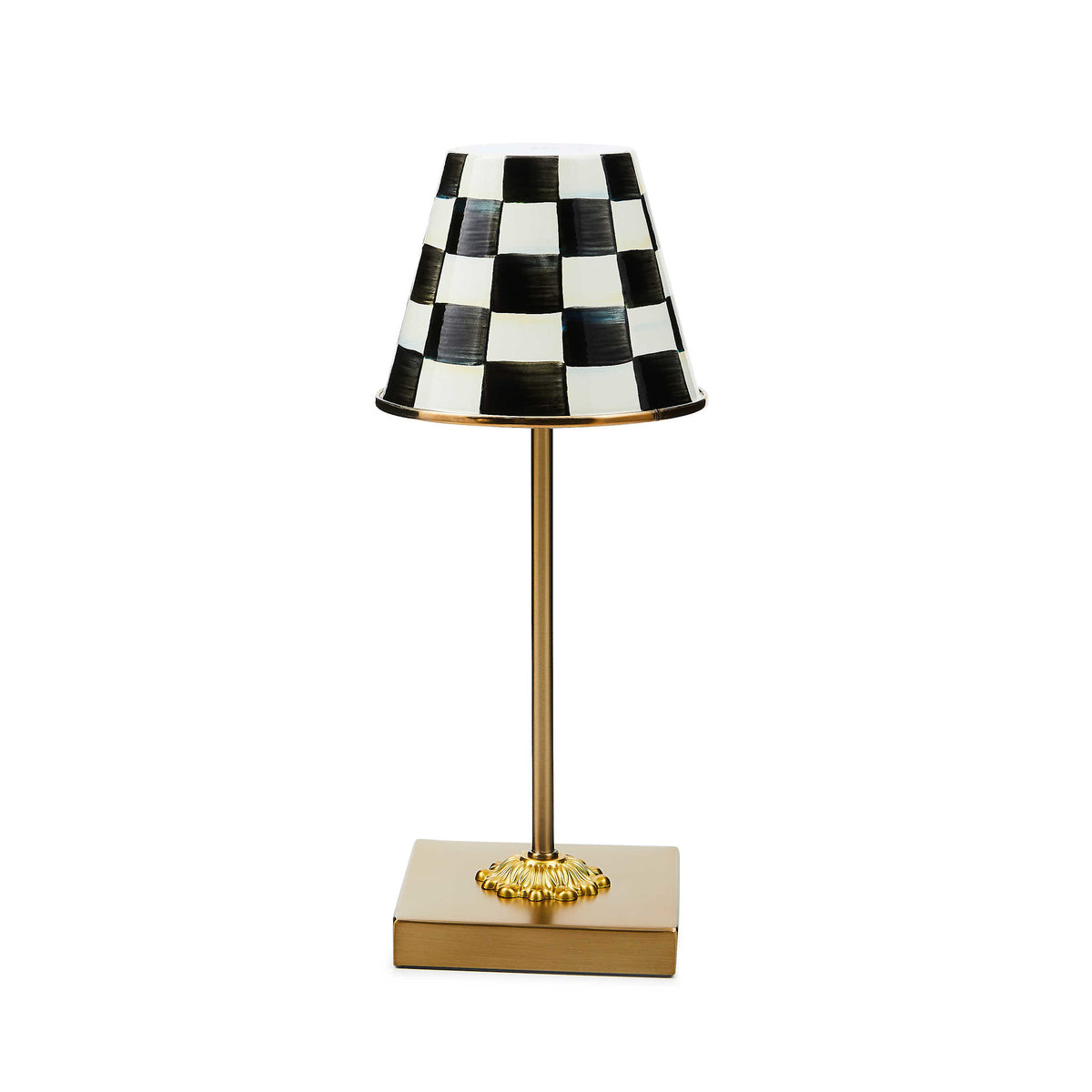Rechargeable cafe table lamp with hand-painted checkered pattern on glazed enamel mild steel base and shade.