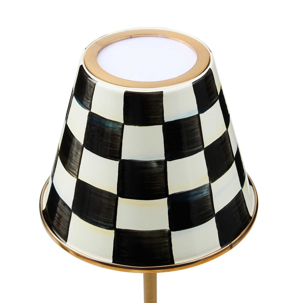 Rechargeable cafe table lamp with hand-painted checkered pattern on glazed enamel mild steel base and shade.