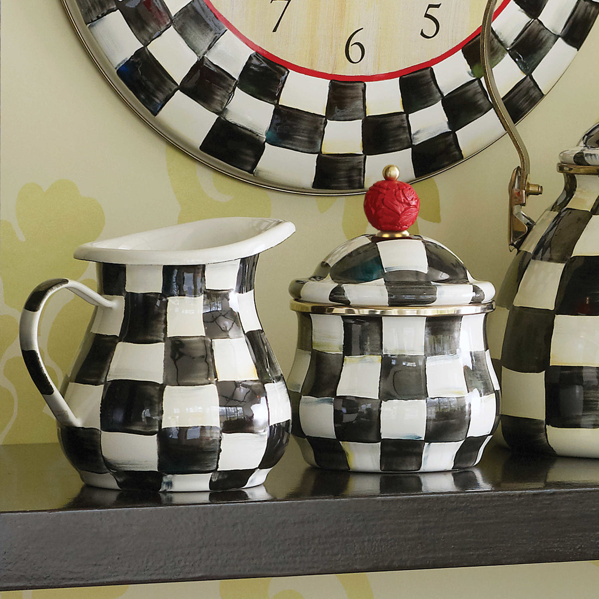 Courtly Check enamel lidded sugar bowl with bronzed rim and faux-cinnabar bead top
