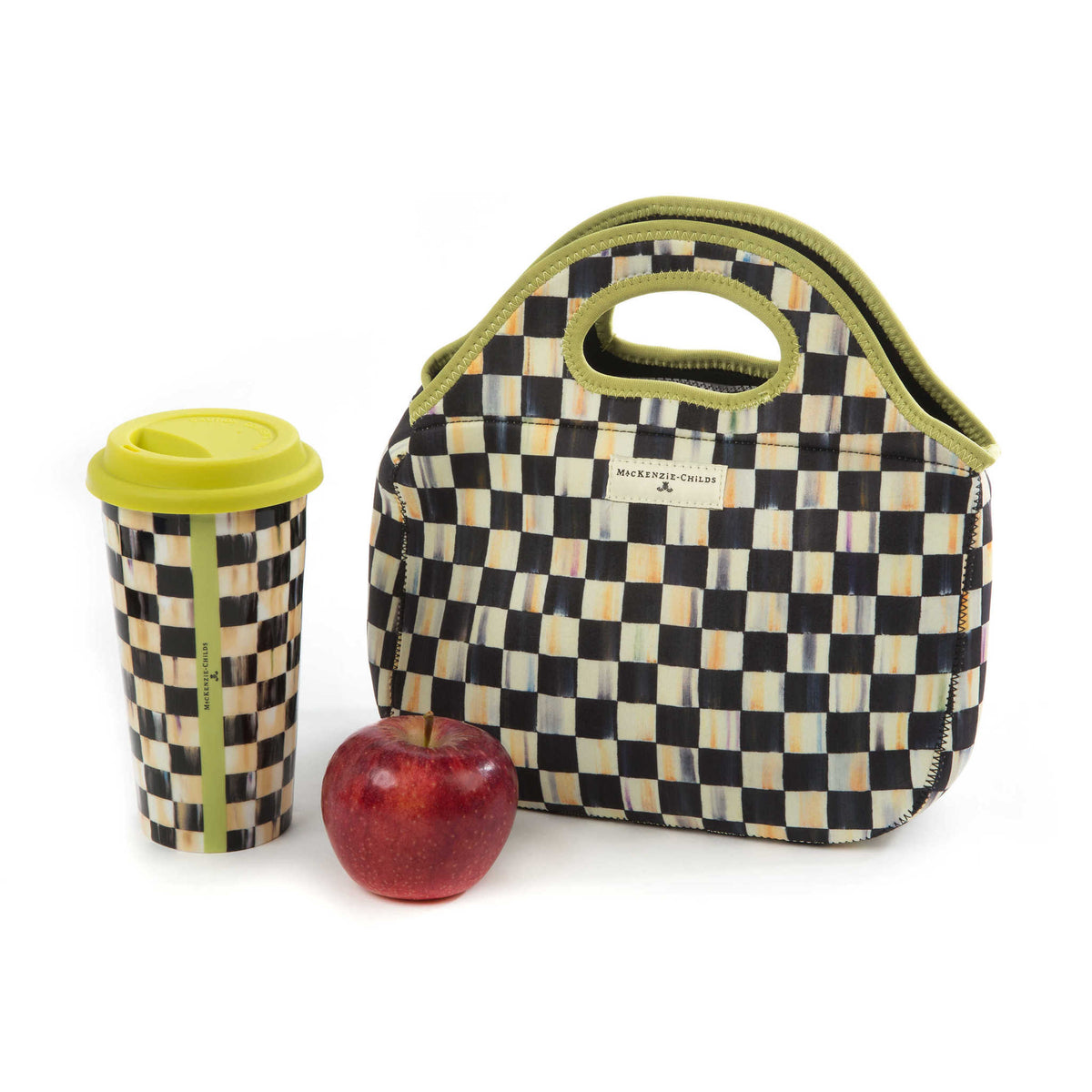 Neoprene Courtly Check Lunch Tote with geometric black-and-white pattern