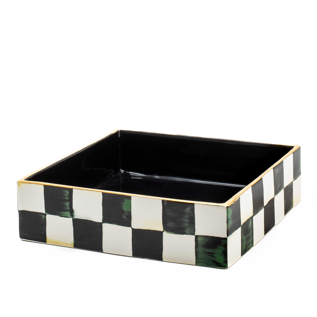 Ceramic luncheon napkin holder with a courtly check pattern in blue and white.