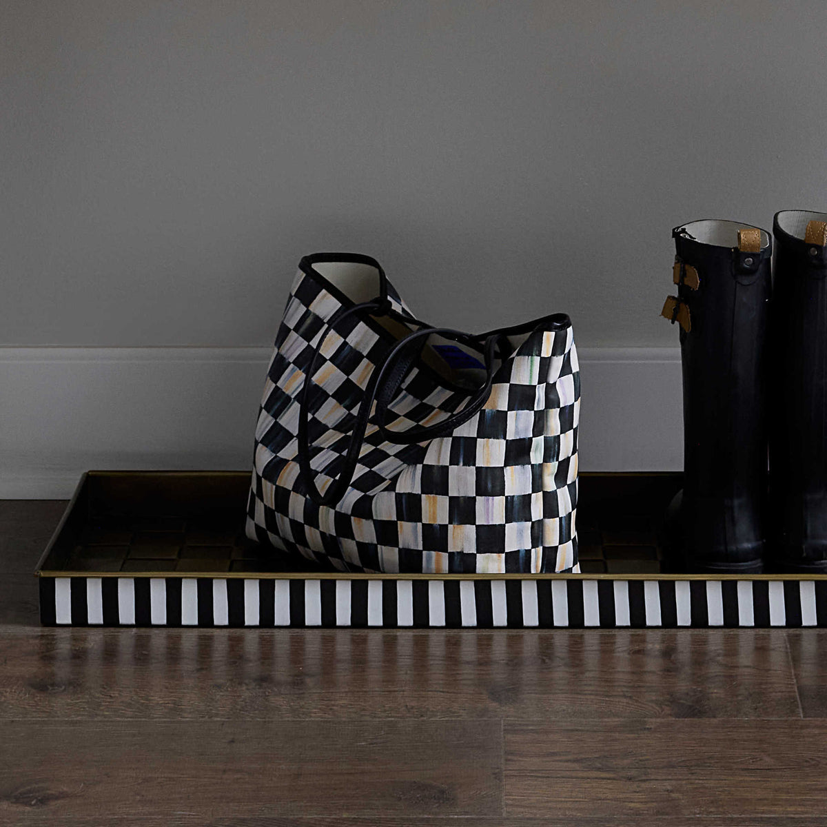 Medium tote bag in Courtly Check laminated canvas with leather straps and detachable pouch.