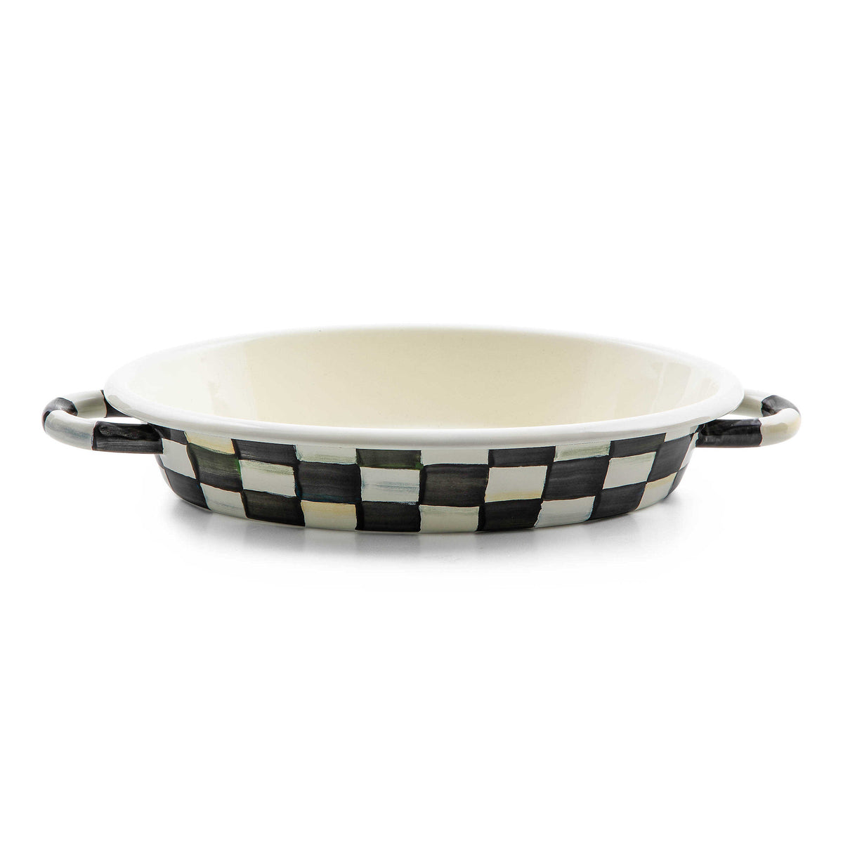 Medium oval Courtly Check enamel gratin dish with hand-painted blue floral pattern on heavy-gauge steel.