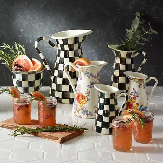 Medium Courtly Check enamel pitcher with Royal Check hand-painted pattern on heavy-gauge steel.