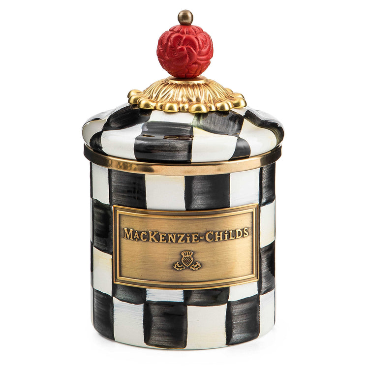 Mini Courtly Check enamel canister with hand-painted blue patterned steel body and bronzed stainless steel rim.