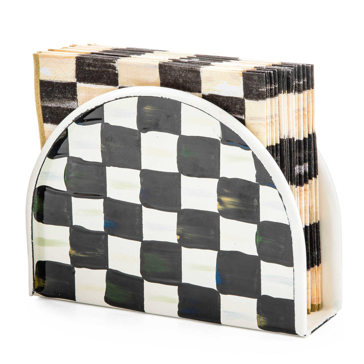 Hand-glazed steel Courtly Check enamel napkin holder with a rectangular silhouette featuring blue and white checkered pattern.