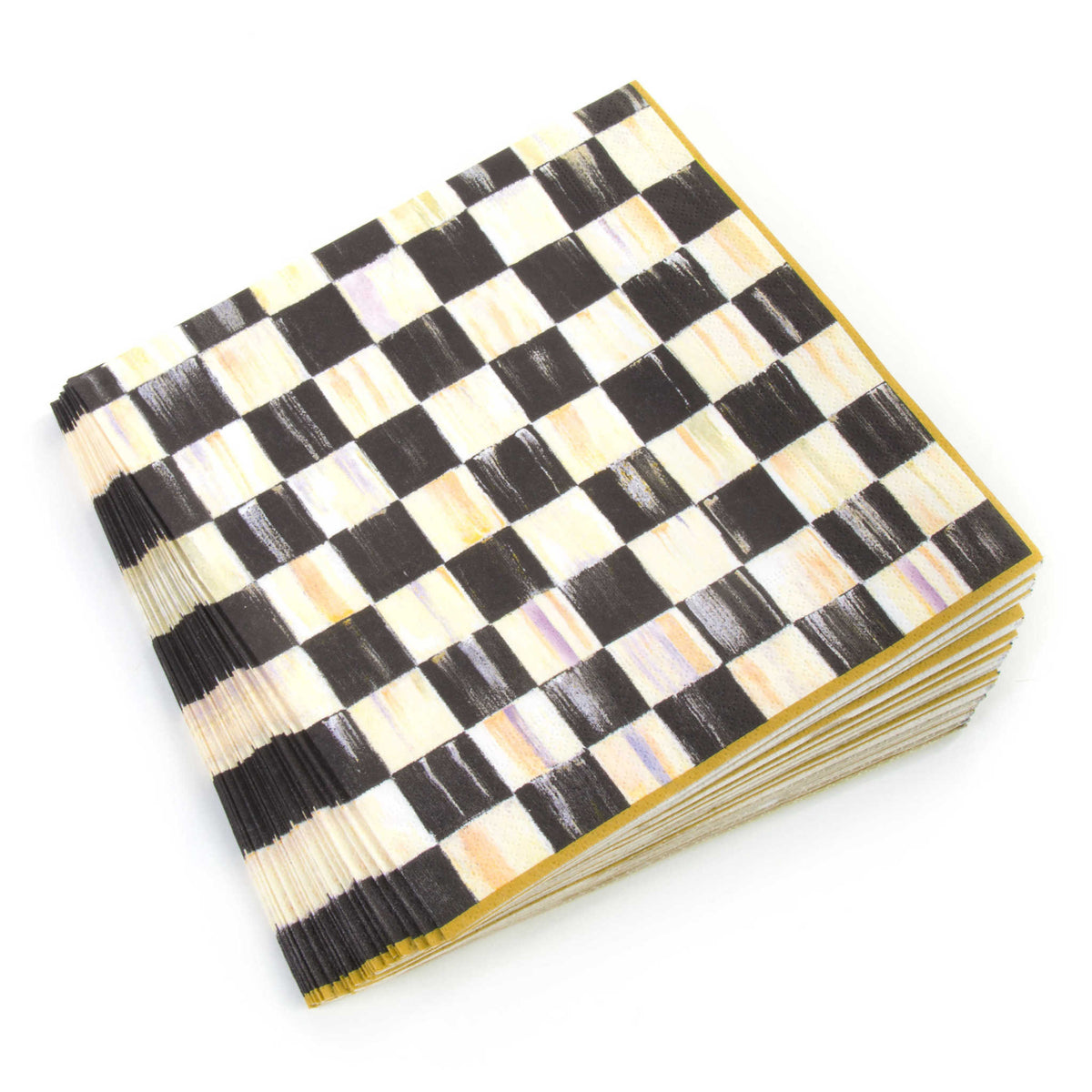 Gold Courtly Check paper dinner napkins with a folded square shape.