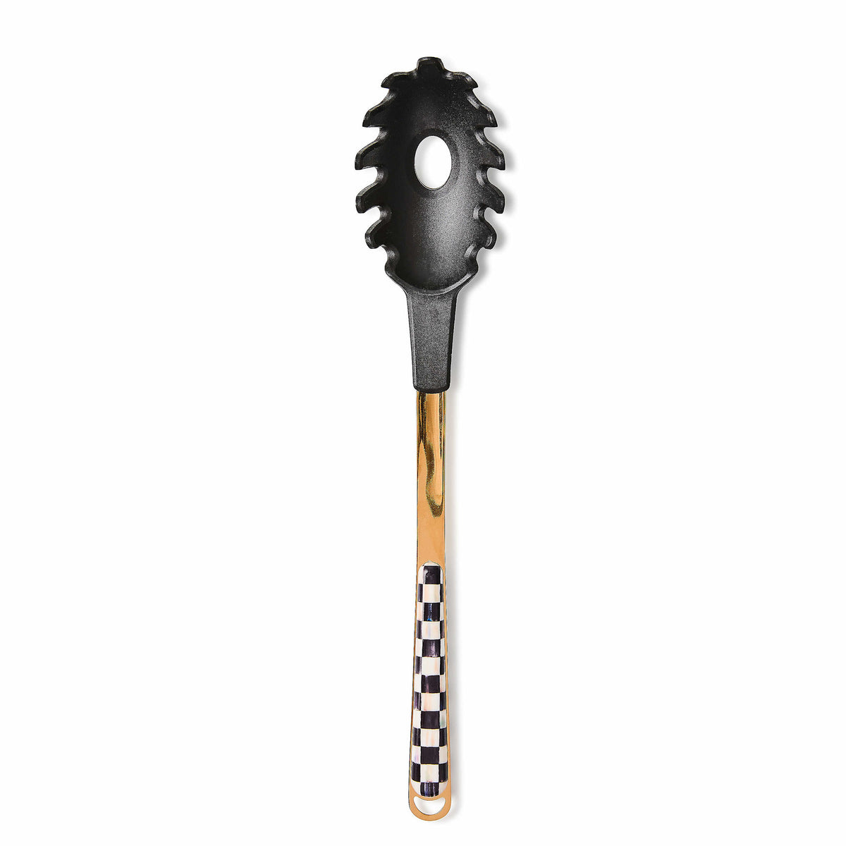 Courtly Check pasta spoon with bronzed stainless steel handle featuring signature check pattern and silicone-coated head.