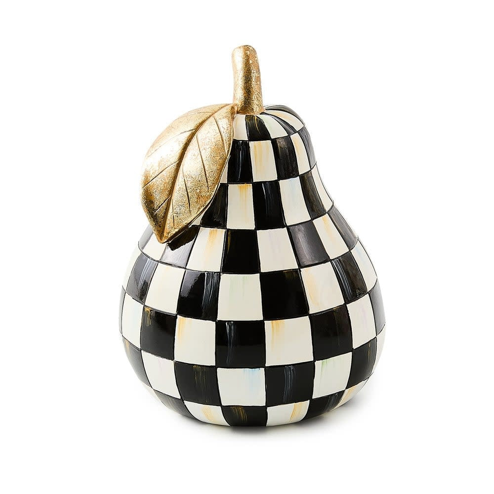 Hand-painted resin pear with gold leaf accents on a courtly check pattern