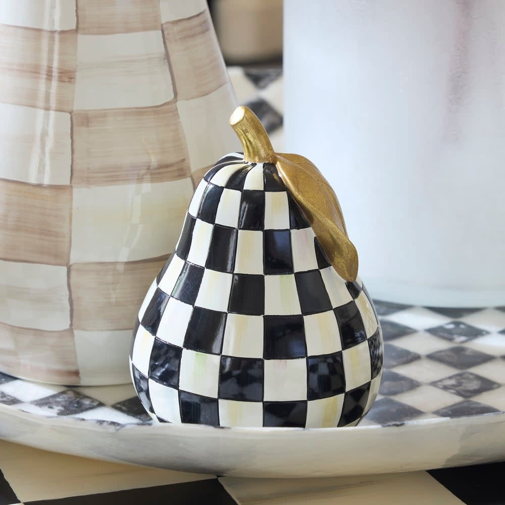 Hand-painted resin pear with gold leaf accents featuring a courtly check pattern