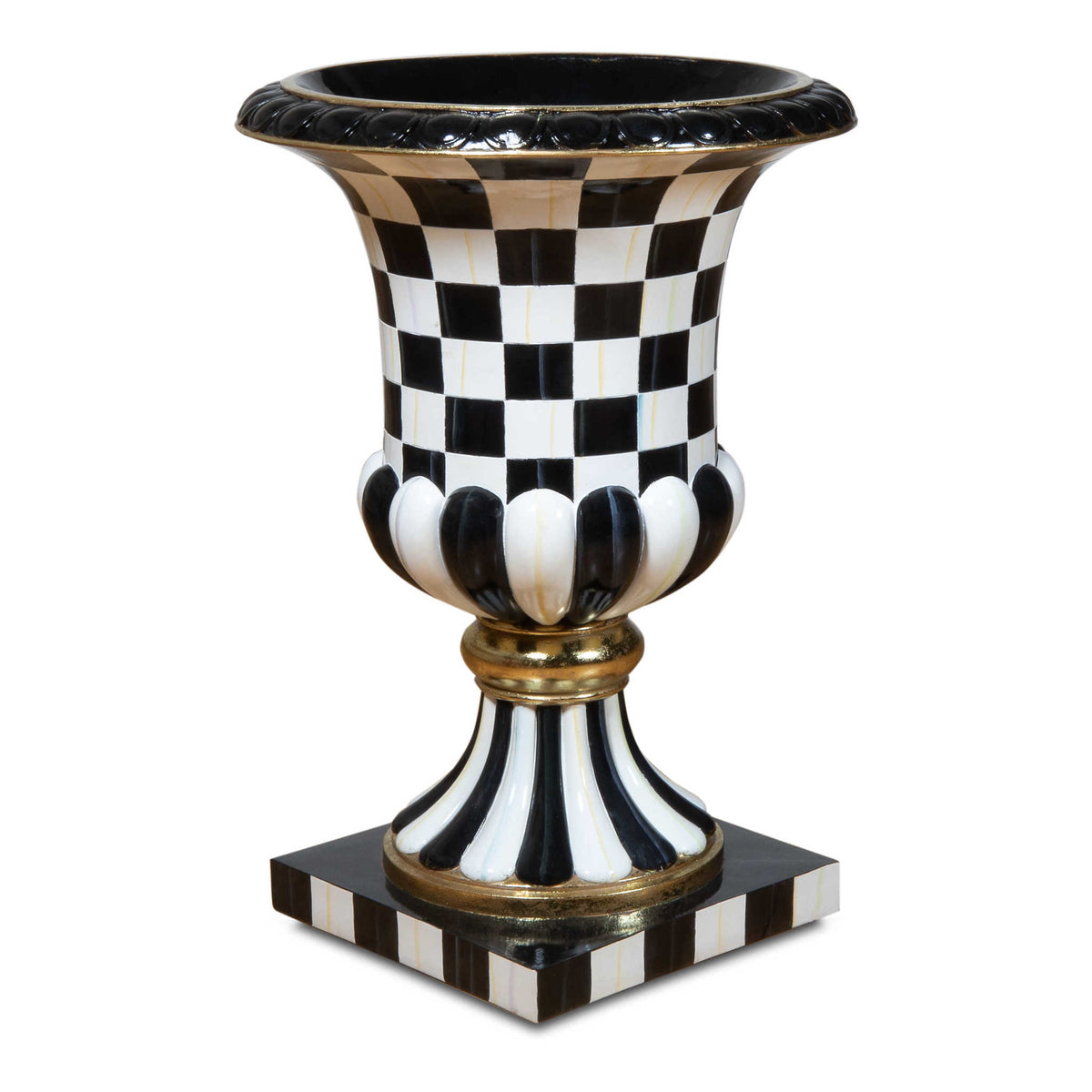 Weather-resistant Courtly Check pedestal urn with checkered fiberglass body on a tall cylindrical stand.