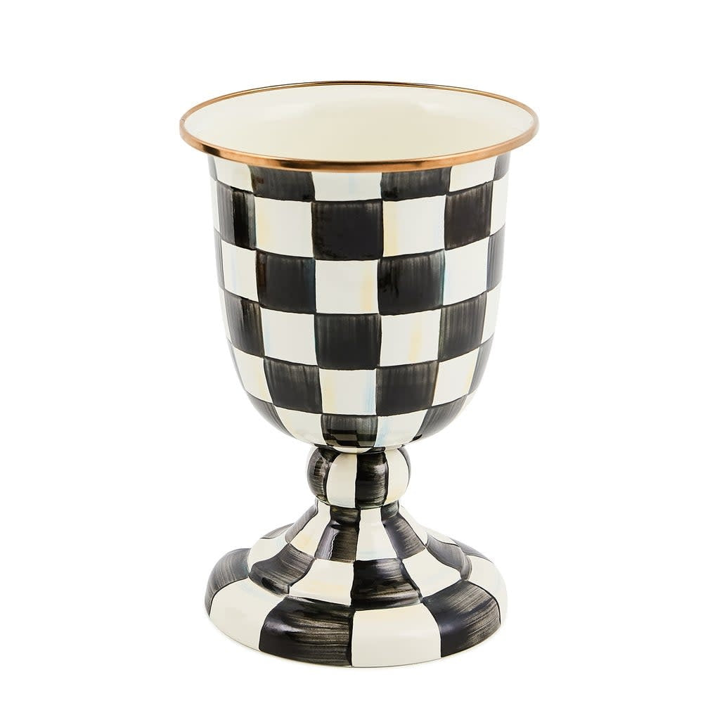 Elevated steel pedestal vase with hand-painted courtly check pattern in bronze rim and enamel finish.