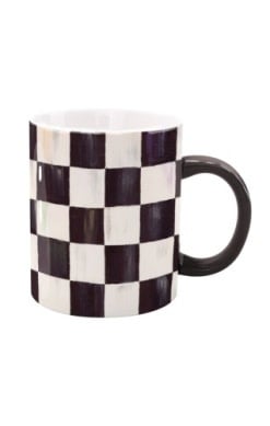 Handmade check porcelain mug with a black grid pattern on white ceramic.