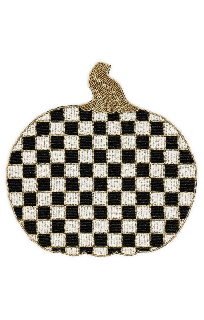 Hand-beaded Courtly Check pumpkin placemat with black-and-white check pattern on cotton and glass beads.