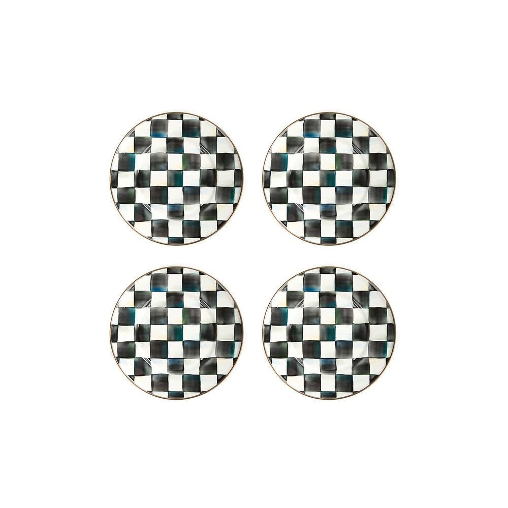 Hand-painted Courtly Check salad plate with bronzed stainless steel rim on heavy-gauge steel.