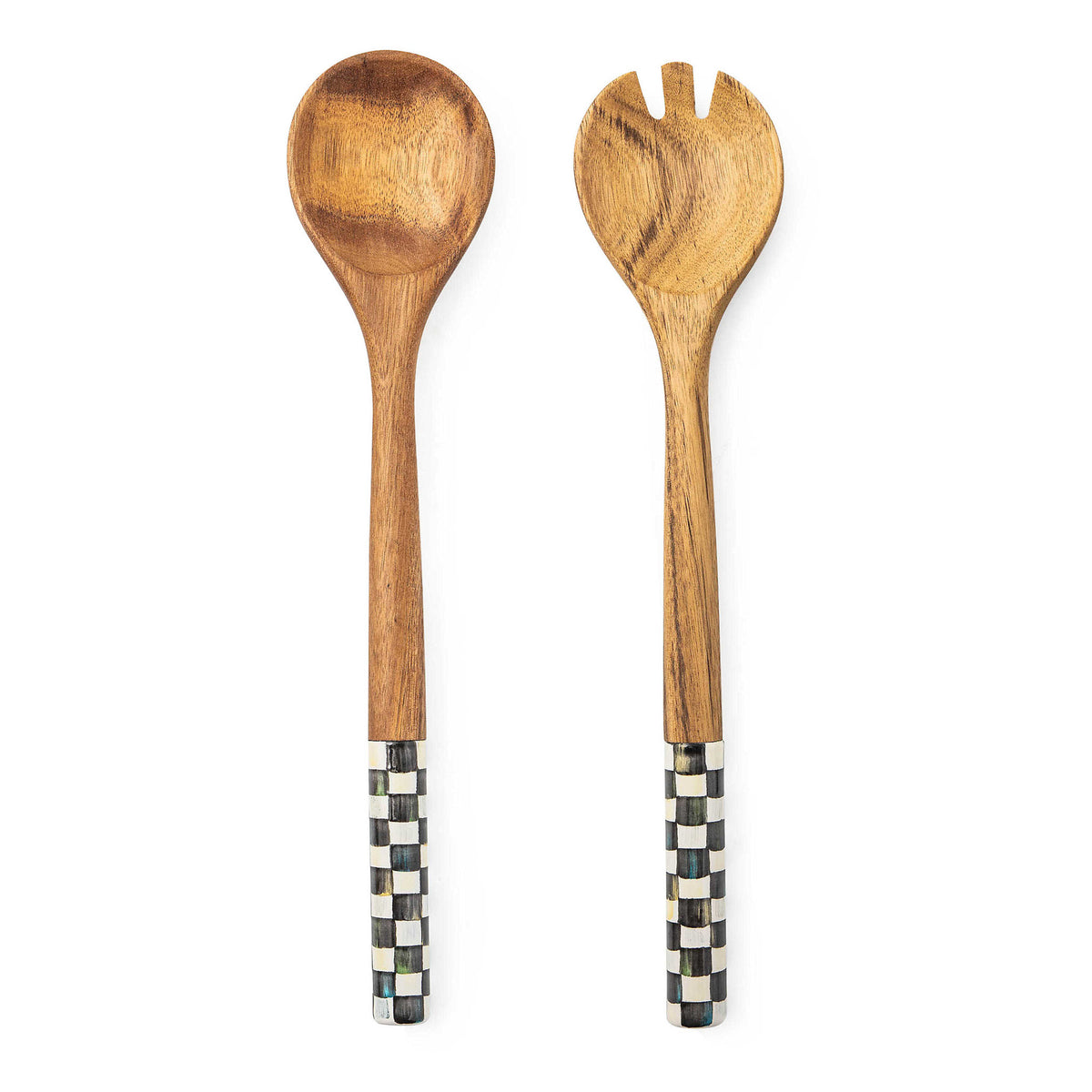 Hand-painted Courtly Check salad servers with acacia wood handles and steel tips.