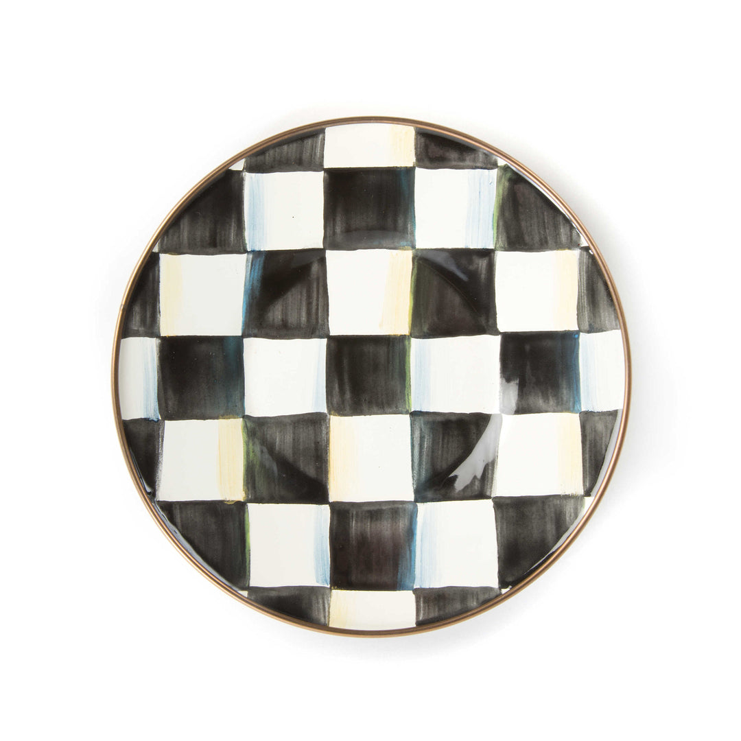 Hand-painted Courtly Check enamel saucer with bronzed stainless steel rim