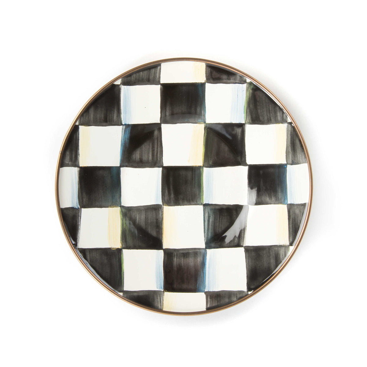 Hand-painted Courtly Check enamel saucer with bronzed stainless steel rim