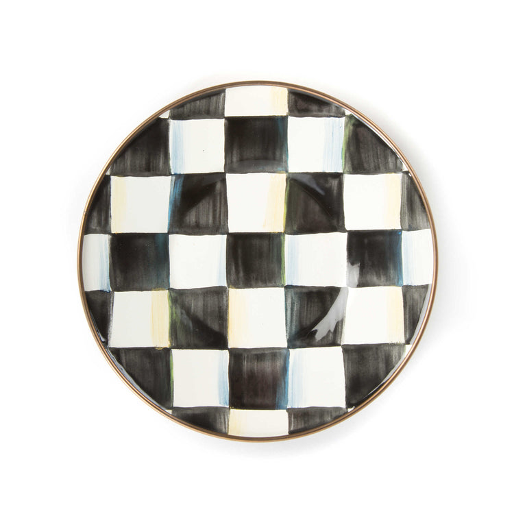 Hand-painted Courtly Check enamel saucer with bronzed stainless steel rim