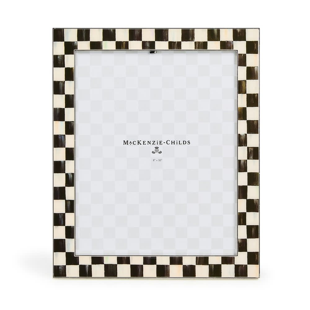 Silver-plated Courtly Check frame with enamel finish, glass insert, velvet backing, and easel stand.