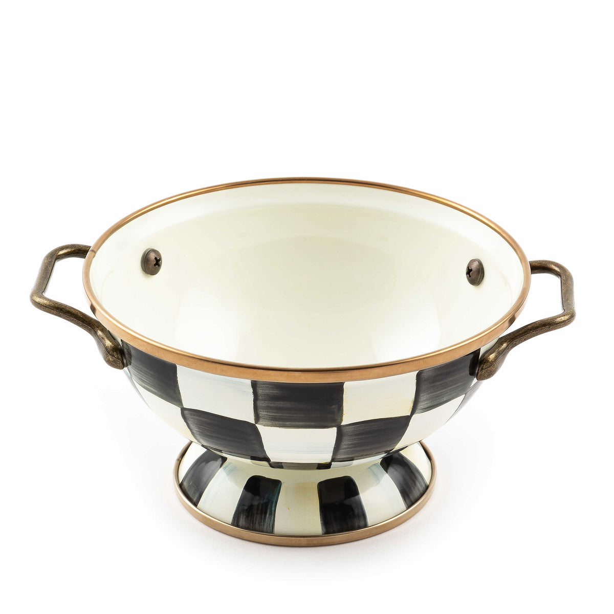 Hand-painted Courtly Check enamel bowl with antiqued brass handles and bronzed stainless steel rim.