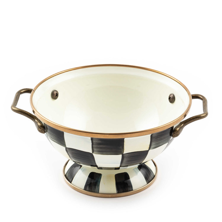 Hand-painted Courtly Check enamel bowl with antiqued brass handles and bronzed stainless steel rim.