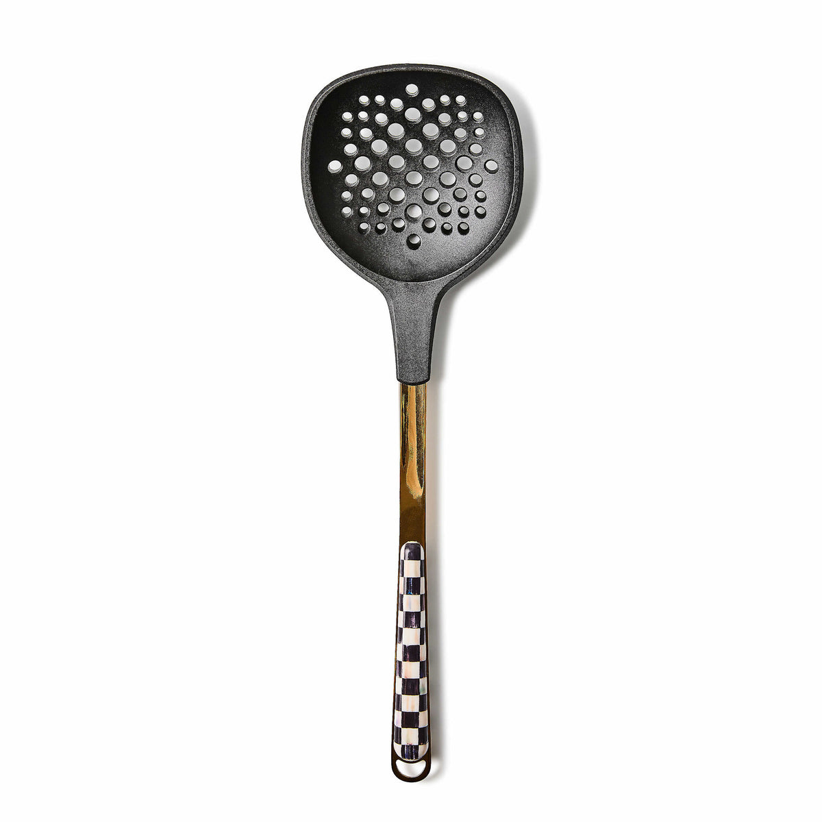 Bronzed stainless steel handle with Courtly Check pattern on a slotted silicone turner head.