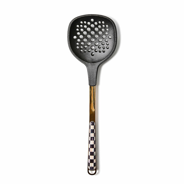 Bronzed stainless steel handle with Courtly Check pattern on a slotted silicone turner head.