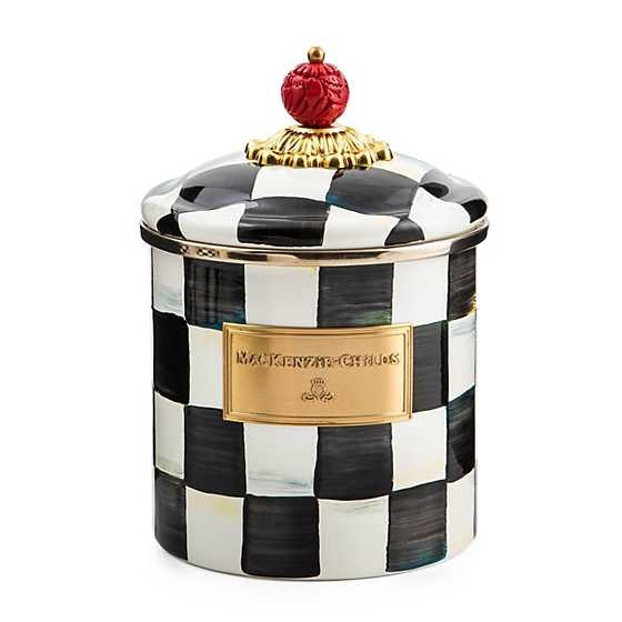 Small Courtly Check enamel canister with hand-painted blue patterned body, bronzed stainless steel rim, and faux-cinnabar knob.