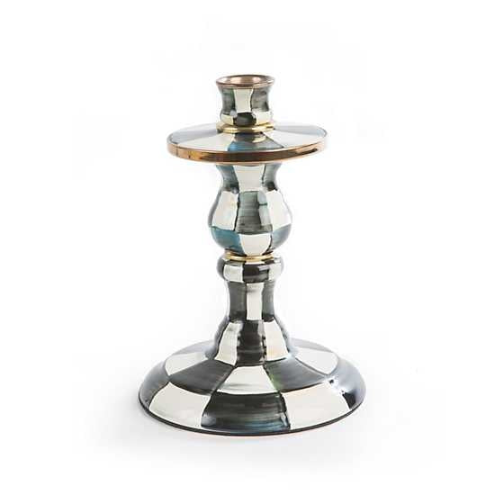 Small Courtly Check enamel candlestick with hand-painted blue pattern on steel base and bronzed stainless rim.